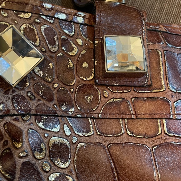 Raviani Brown Leather and Gold Croc Bag with Crystals EUC - Picture 8 of 16